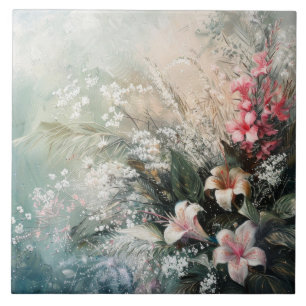 Carreau Flore tropicale rose blanc