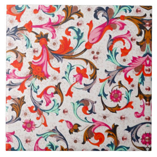 CARREAU FLORENTINE RENAISSANCE ROUGE FLEURS, FLEURS