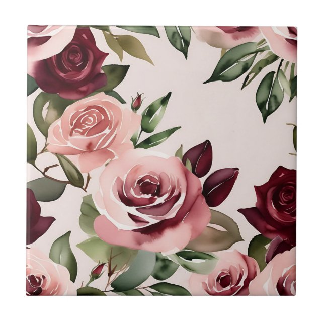 Carreau Flores romantiques Aquarelle Roses Bourgogne (Devant)