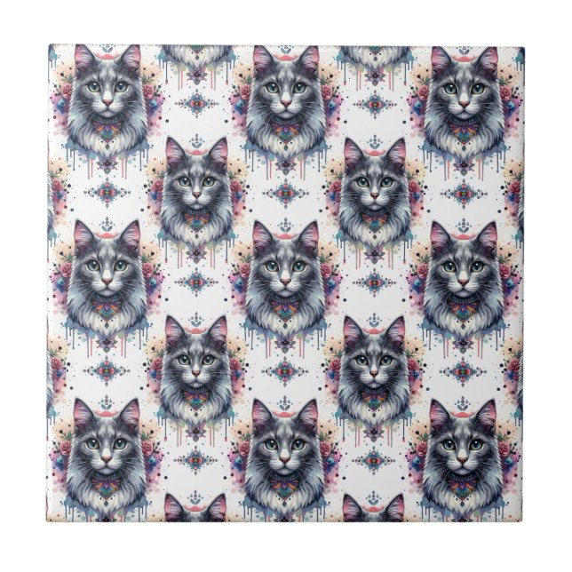 Carreau Fluffy Long cheveux gris et blanc Tuxedo Chat (Devant)