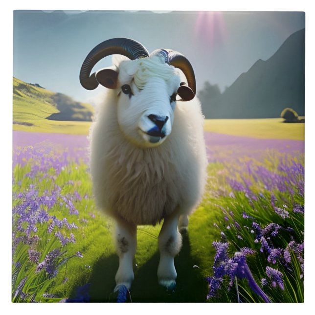 Carreau Fluffy Sheep field of purple flowers  (Devant)