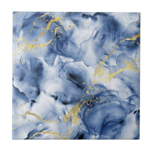 Carreau Fluide d'encre d'alcool bleu océan et or de luxe