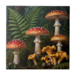 Carreau Fly Agaric Mushrooms Forest Botanical<br><div class="desc">Discover the striking beauty of nature with this detailed cluster of classic red fly agaric mushrooms, their white-spotted caps standing tall among lush green ferns and deep forest shadows. Realistic textures, dew-kissed surfaces, and subtle golden chanterelles at the base bring the quiet, grounded atmosphere of a woodland floor to life....</div>