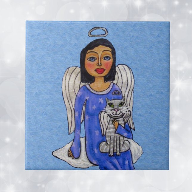 Carreau Folk Art Angel Bleu yeux Angel Blanc Chat sur Clou (Angel Blue eyes dress holding white angel cat on cloud on sky blue decorative ceramic tile.)