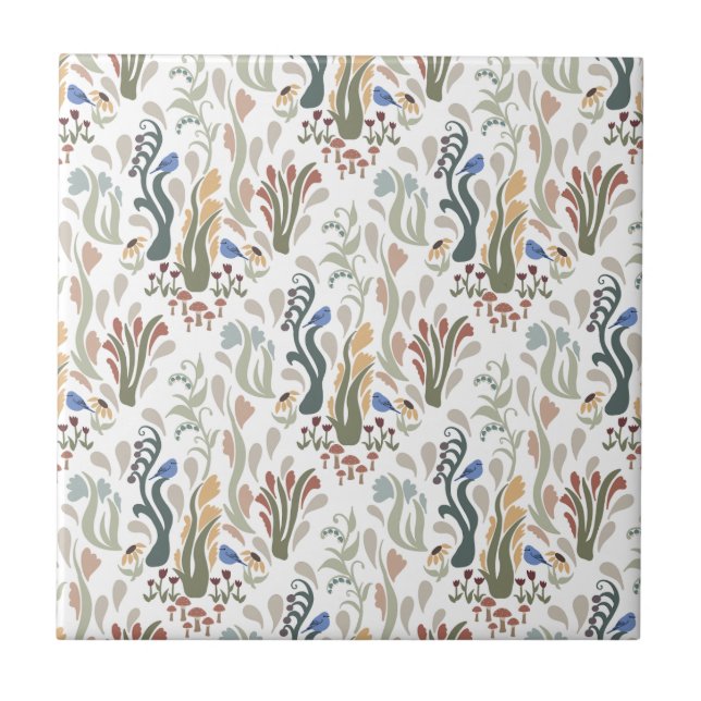 Carreau Folk Art Meadow & Blue Bird dans les tons terre (Devant)