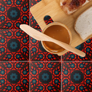 Carreau Folk Ethnic Rouge Bleu Noir Motif Floral