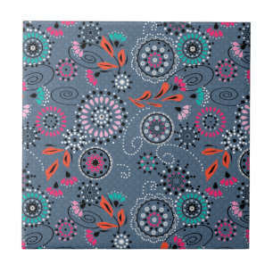 Carreau Folk ethnique abstrait motif floral rétro gris blu