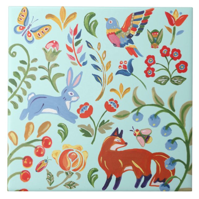 Carreau Folk Turquoise Bleu Bois Forêt Floral Fox lapin (Devant)