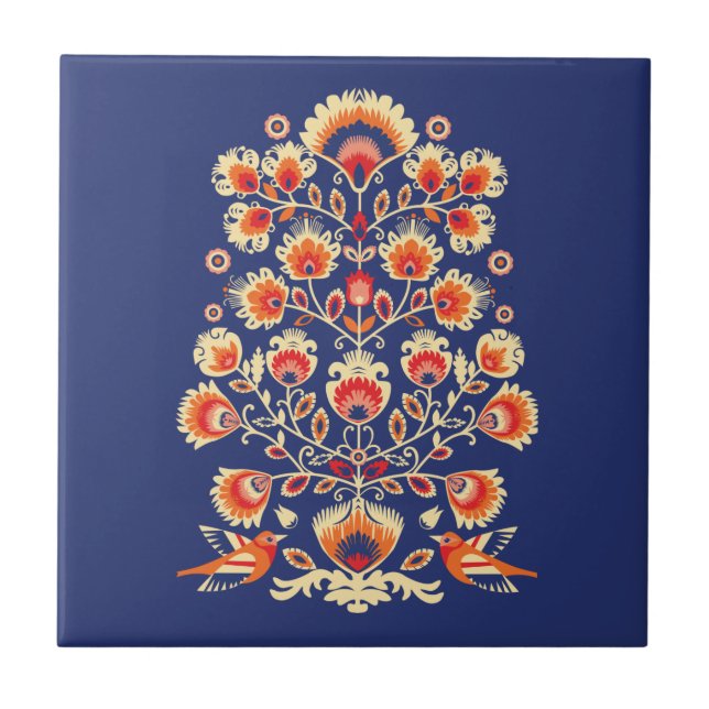 Carreau 💙 💛 🧡 Folklore aux fleurs jaunes et aux oiseaux (Devant)