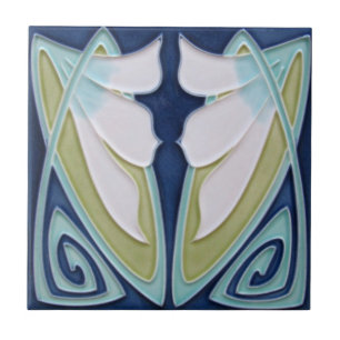 Carreau - Fond Bleu Art Nouveau Fleurs Blanches