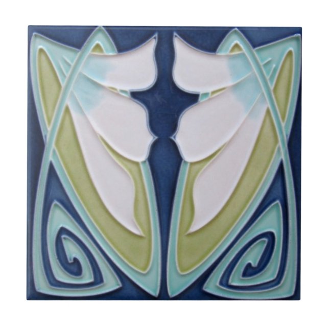 Carreau - Fond Bleu Art Nouveau Fleurs Blanches (Devant)