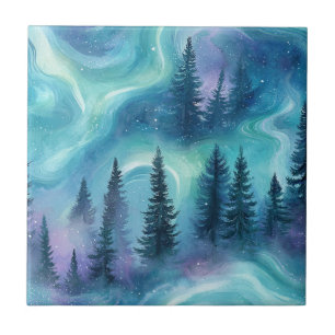 Carreau Forêt aurore boréale aquarelle