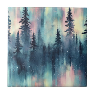 Carreau Forêt aurore boréale aquarelle
