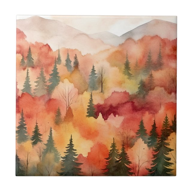 Carreau Forêt d'automne à l'aquarelle impressionniste doré (Devant)