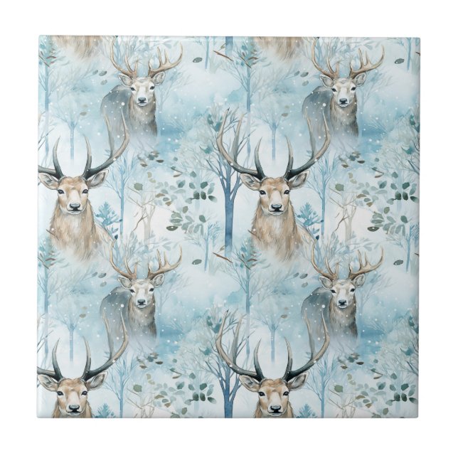 Carreau Forêt de cerfs aquarelle d'hiver (2) (Devant)