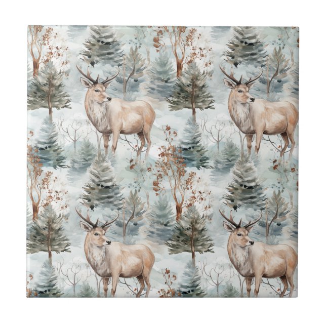 Carreau Forêt de cerfs aquarelle d'hiver (6) (Devant)