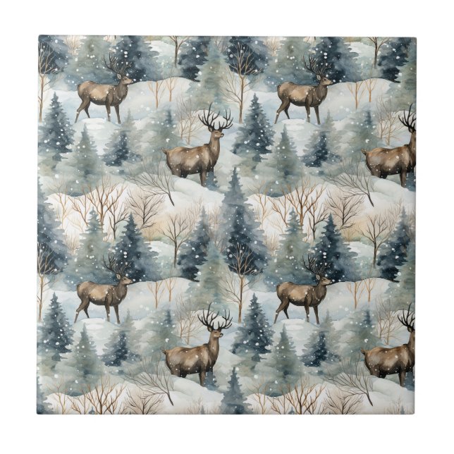 Carreau Forêt de cerfs aquarelle hivernale (1) (Devant)