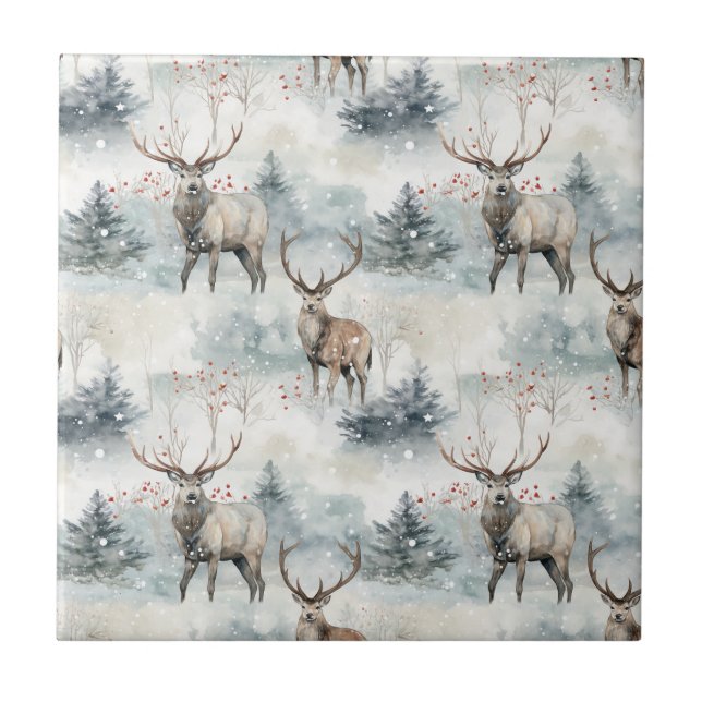 Carreau Forêt de cerfs aquarelle hivernale (4) (Devant)