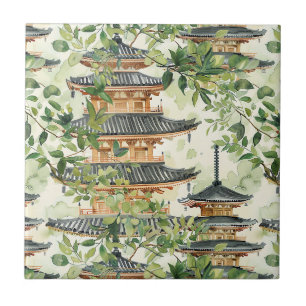 Carreau Forêt de pagode romantique Corail Chinoiserie