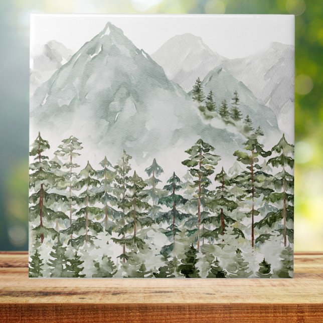 Carreau Forêt de pins et montagnes aquarelle (Close up)