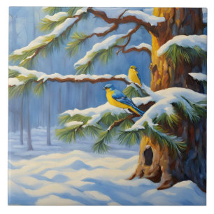 Carreau Forêt d'hiver avec des oiseaux colorés sur un arbr