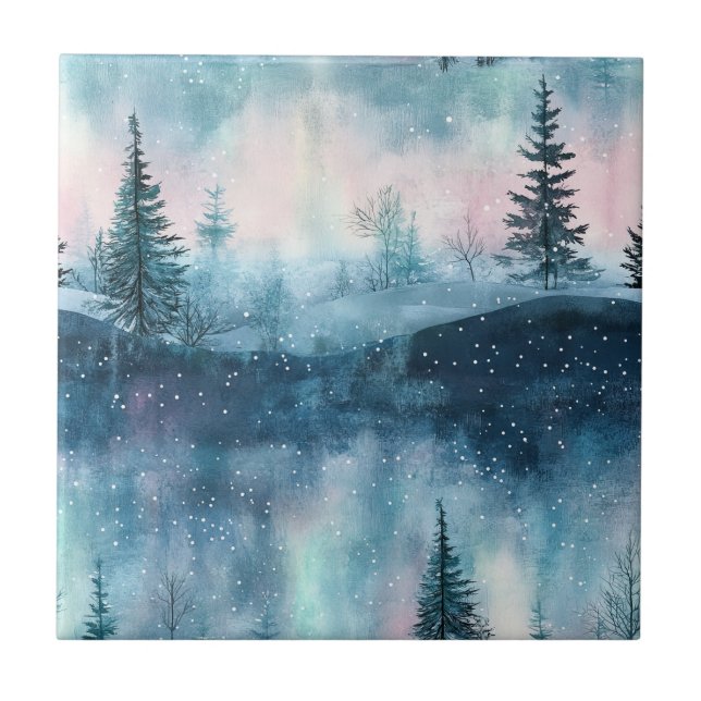 Carreau Forêt nocturne d'aurore boréale sombre (Devant)