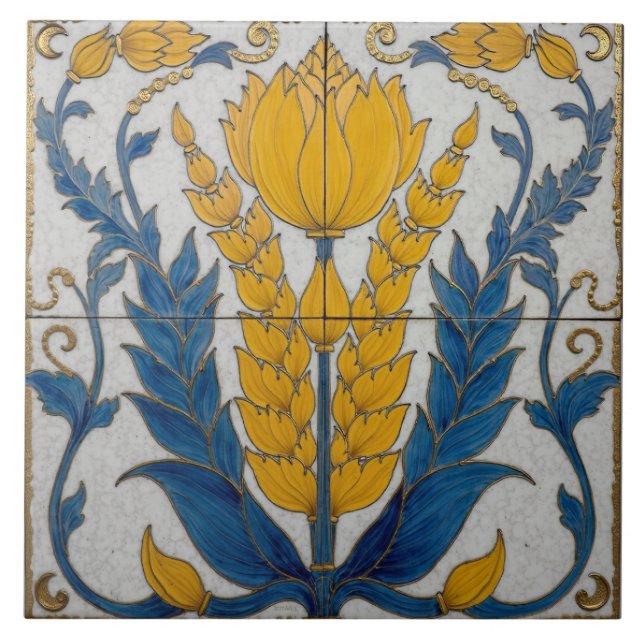 Carreau Forme florale jaune avec Feuilles bleus (Devant)