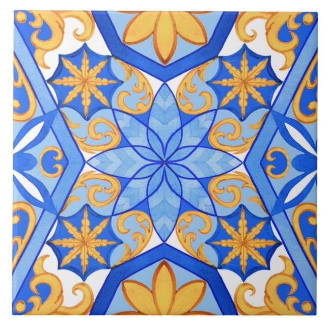 Carreau Formes géométriques abstraites aquarelle bleue et  (Devant)
