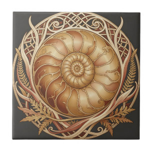 Carreau Fossile d'ammonite dorée Cadre celtique Motif orné
