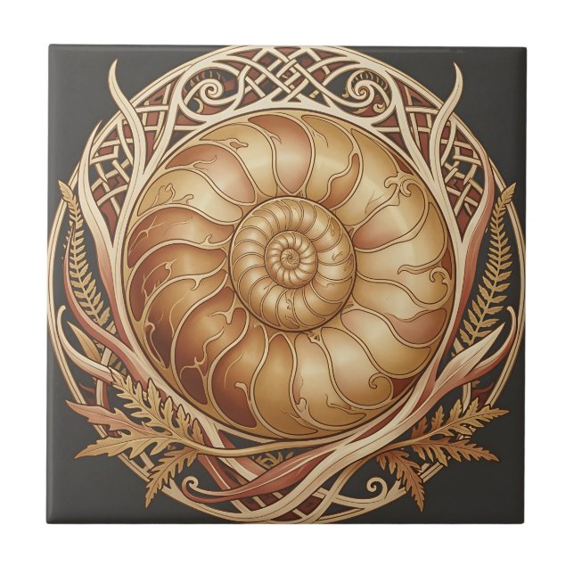 Carreau Fossile d'ammonite dorée Cadre celtique Motif orné (Devant)
