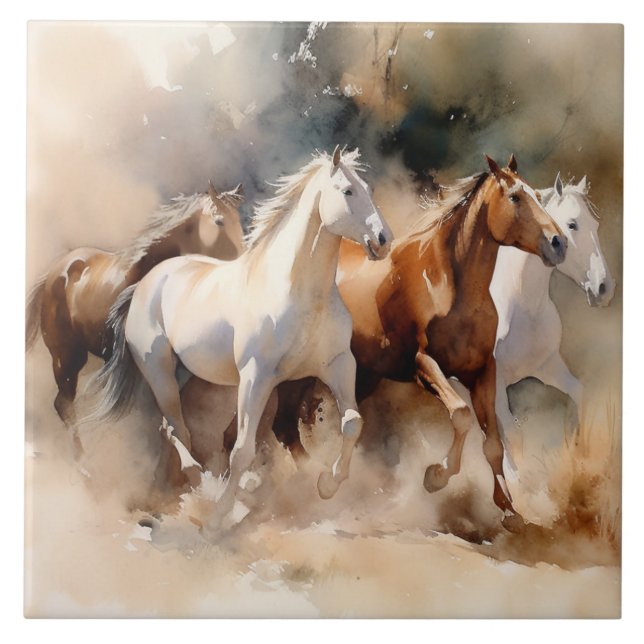 Carreau "Four Galloping Mustangs" Aquarelle Occidentale Du (Devant)