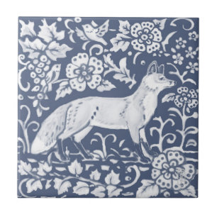 Carreau Fox Blue White Woodland Bird Feuilles Denim