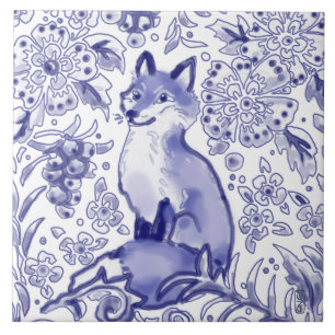Carreau Fox Woodland Floral Blue Folk Dessin nordique
