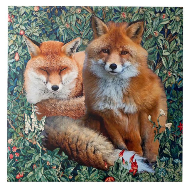 CARREAU FOXES ROUGES PARMI LA VERDURE, LE FOLIAGE ET LES F (Devant)