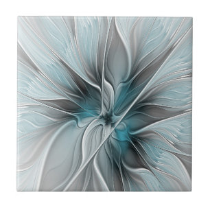 Carreau Fractal Floral Moderne Abstrait Fleur Bleu Gris