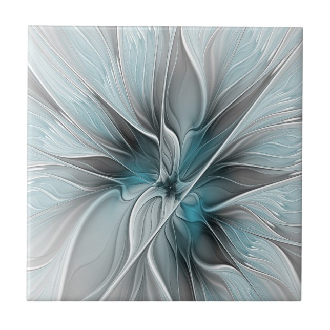 Carreau Fractal Floral Moderne Abstrait Fleur Bleu Gris (Devant)