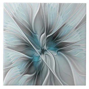 Carreau Fractal Floral Moderne Abstrait Fleur Bleu Gris