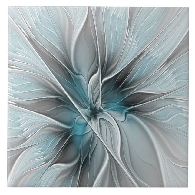 Carreau Fractal Floral Moderne Abstrait Fleur Bleu Gris (Devant)