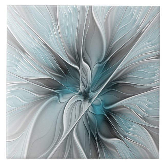 Carreau Fractal Floral Moderne Abstrait Fleur Bleu Gris (Devant)