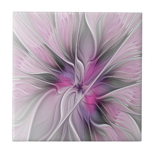 Carreau Fractal Floral Moderne Abstrait Fleur Rose Gris