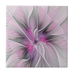 Carreau Fractal Floral Moderne Abstrait Fleur Rose Gris