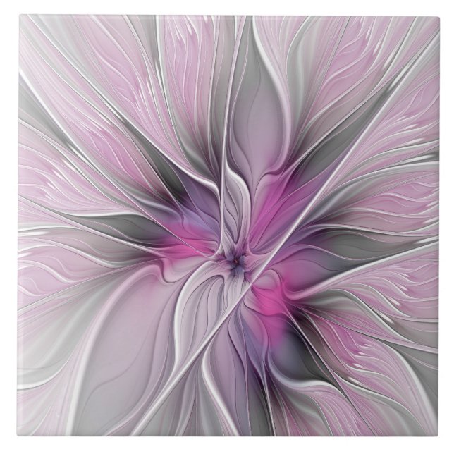 Carreau Fractal Floral Moderne Abstrait Fleur Rose Gris (Devant)