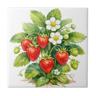 Carreau Fraises à l'aquarelle et fleurs de fraisier 