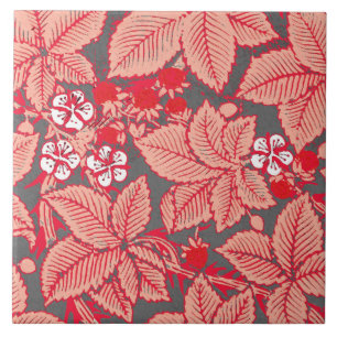 Carreau Fraises et Feuilles Art Nouveau, Coral Orange