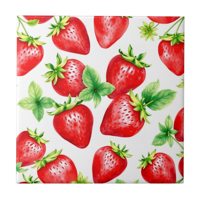 Carreau Fraises lumineuses en Aquarelle sur blanc (Devant)