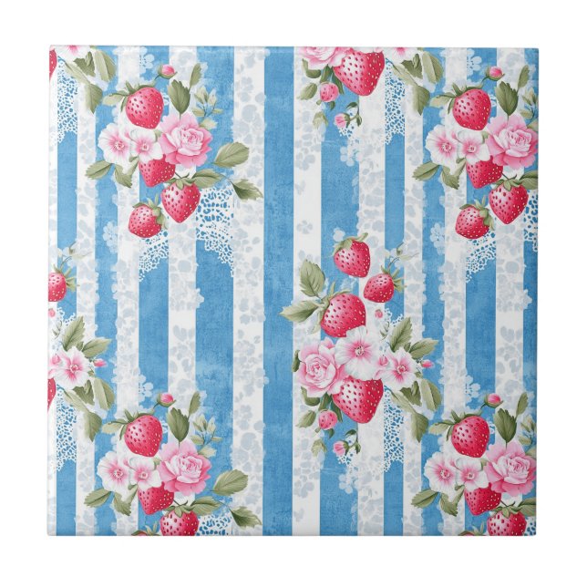 Carreau Fraises vintages et fleurs sur bandes bleues (Devant)