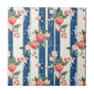 Carreau Fraises vintages et fleurs sur bandes bleues (2)
