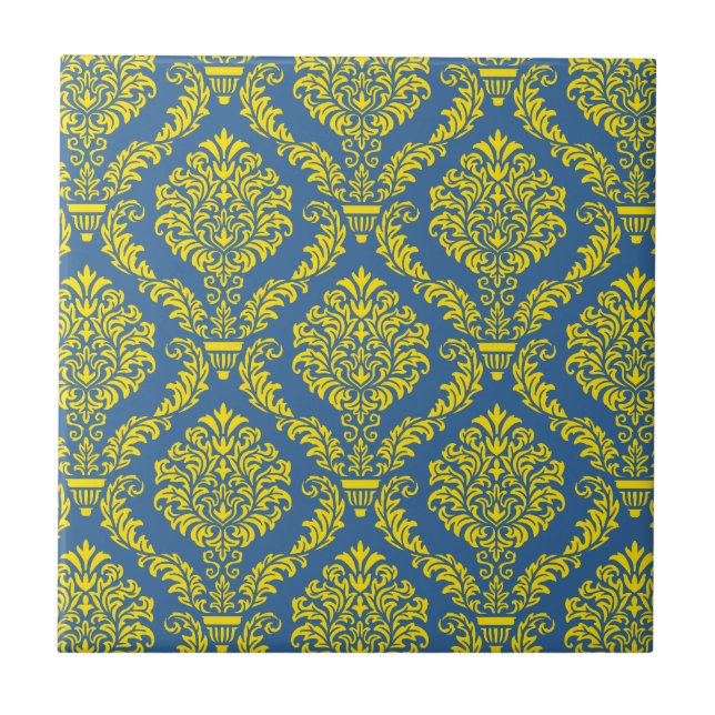 Carreau France Empire Damask en bleu azur et jaune (Devant)