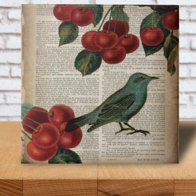 Carreau frentry bird retro botanical red cherry (french country bird retro botanical red cherry tile)
