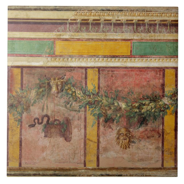 CARREAU FRESQUE ROMAINE ANTIQUE,MASQUE DE SATYRE,GUIRLANDE (Devant)